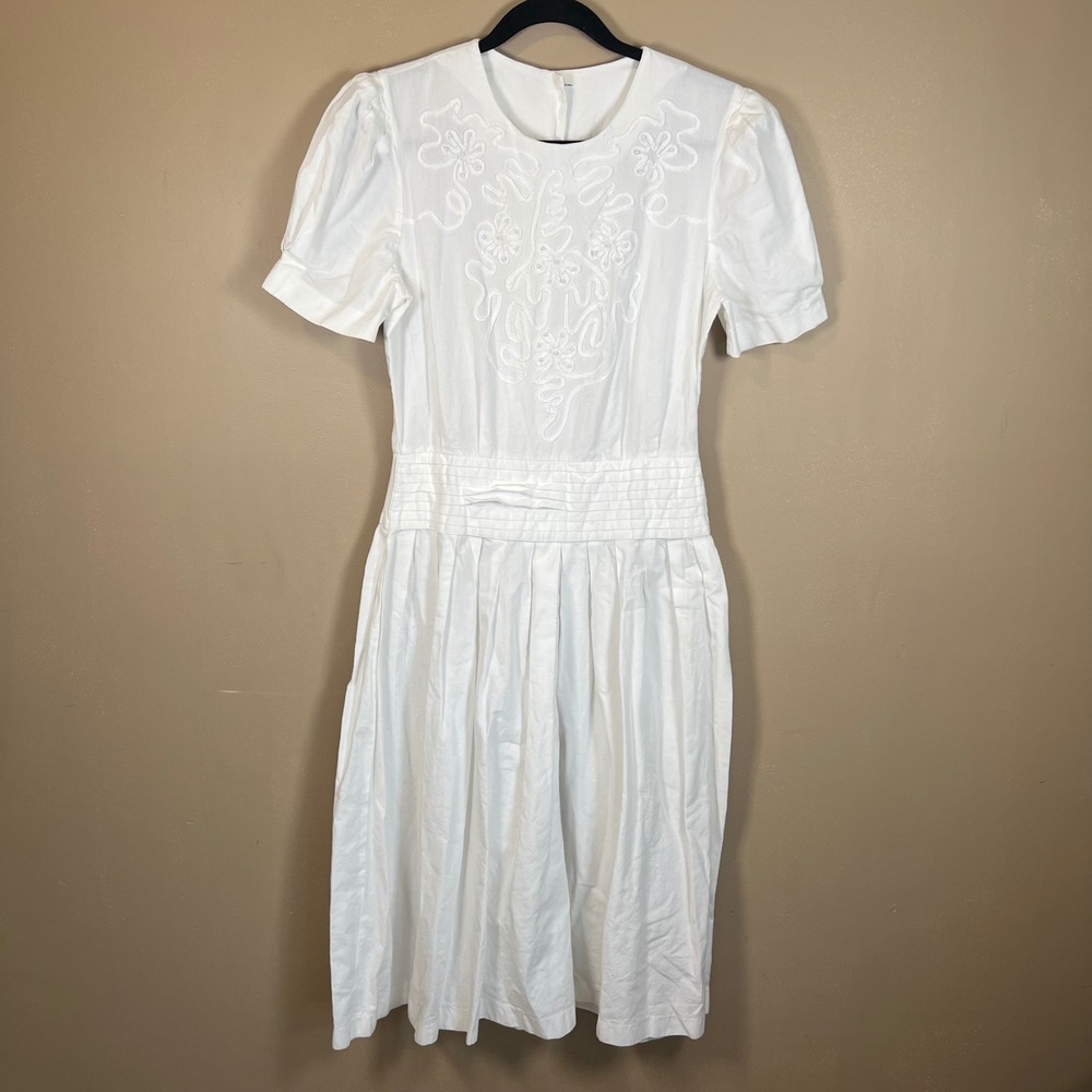 Vintage White Cotton Embroidered Midi Dress‎ Puffed Sleeve Beaded Drop Waist